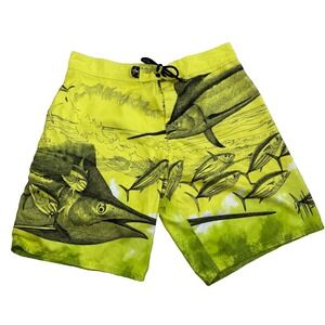 Guy Harvey x AFTCO Bluewater Mens Swim Board Shorts Neon Yellow Marlin 36 x 10